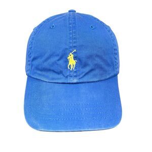 POLO RALPH LAUREN Hat Cap Blue Adjustable Leather Strapback Yellow Pony